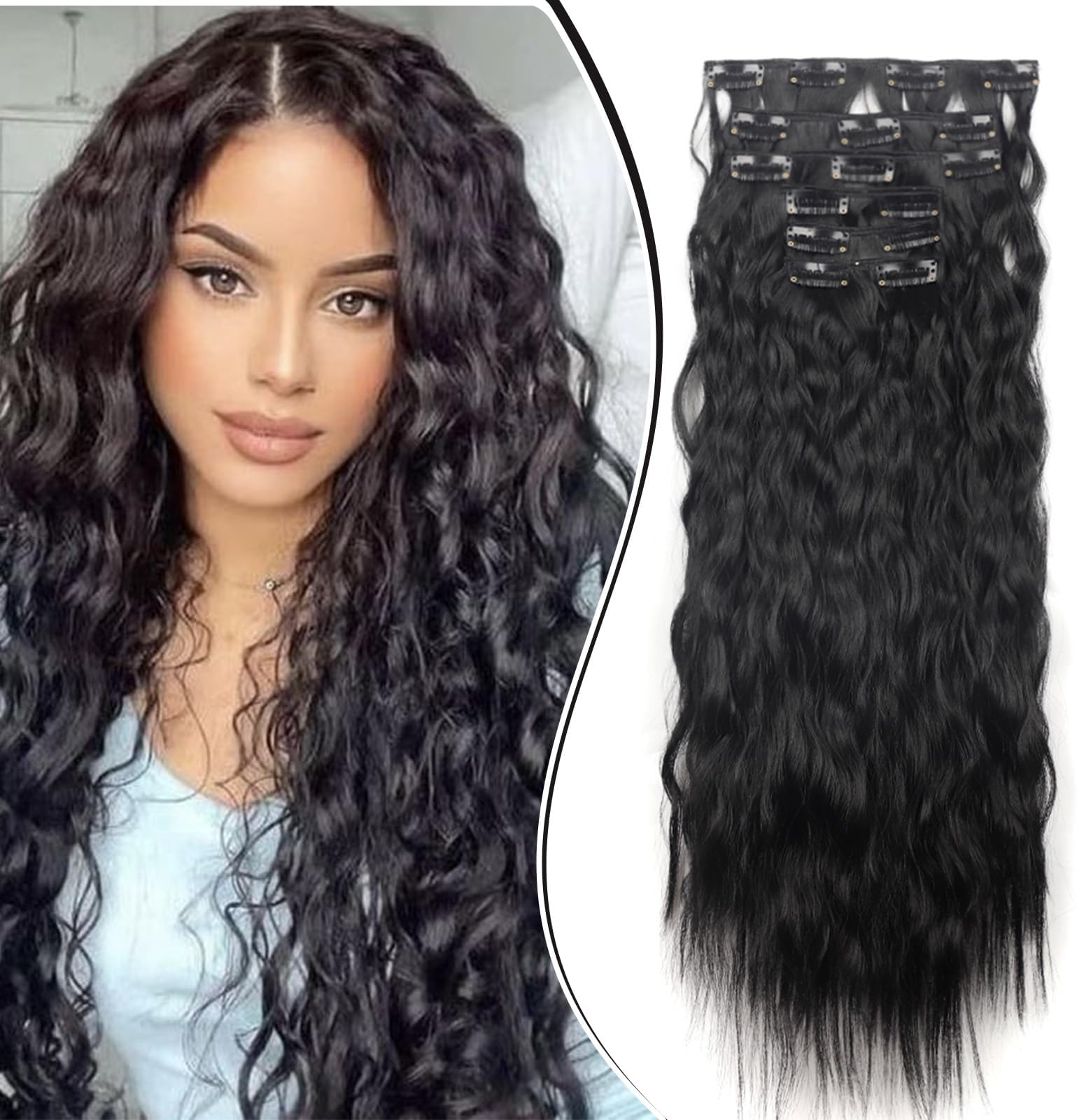 Long Curly Clip in Hair Extensions 20 inch Black Hair Extension Clip in Hairpiece Wavy 6PCS Full Head Set Synthetic Hair piece for Women