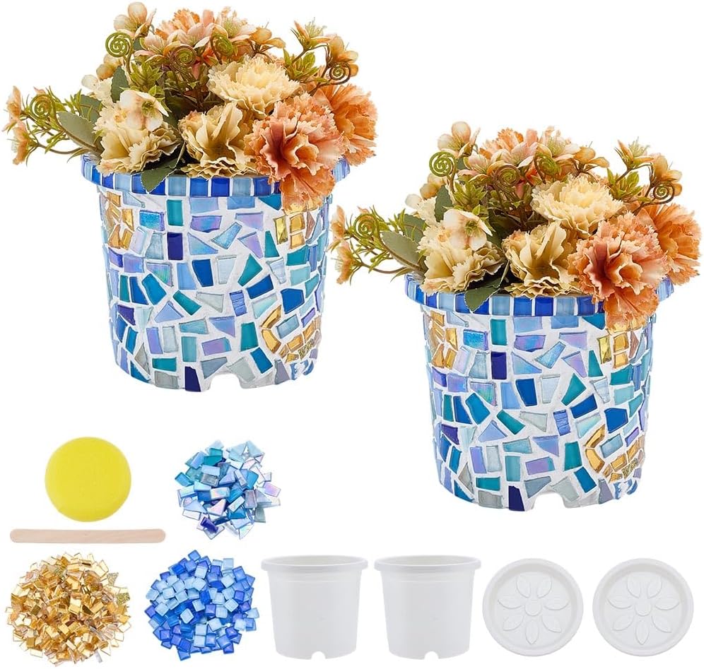 WEBEEDY 2 Sets Mosaic Tile DIY Kit for Adults, Flowerpot Vase Planter DIY Easy Mosaic Making Kit with Instruction for Beginners Handmade Home Decor Housewarming Christmas Birthday Gift