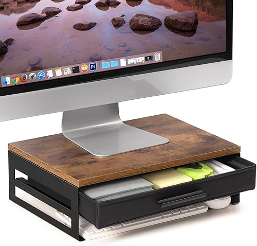 MOTISHELF - Soporte de madera para monitor con cajón, elevador de monitor de escritorio con almacenamiento, estante organizador de escritorio para