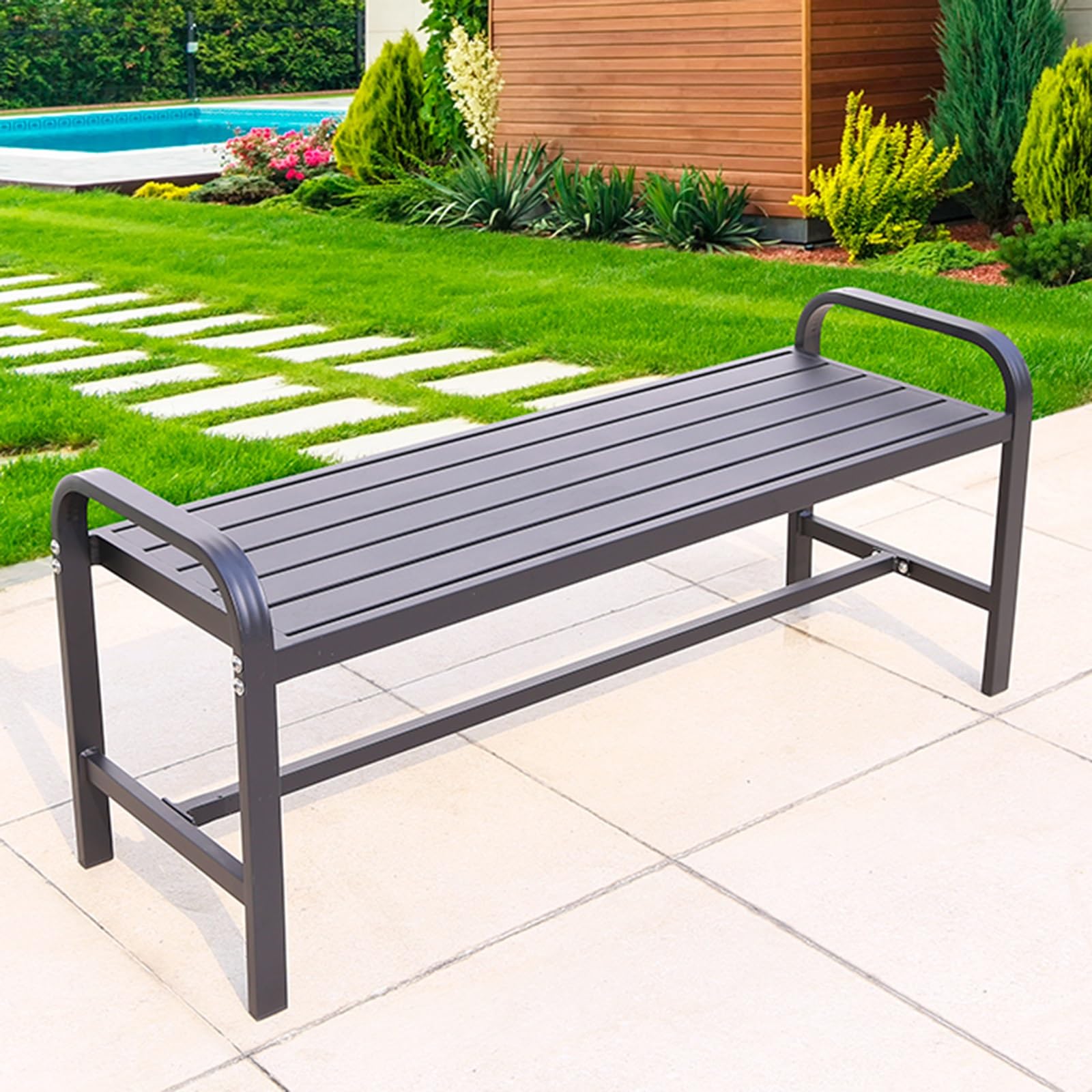 Banco de jardín de aluminio de 124 cm para patio exterior y terraza con listones
