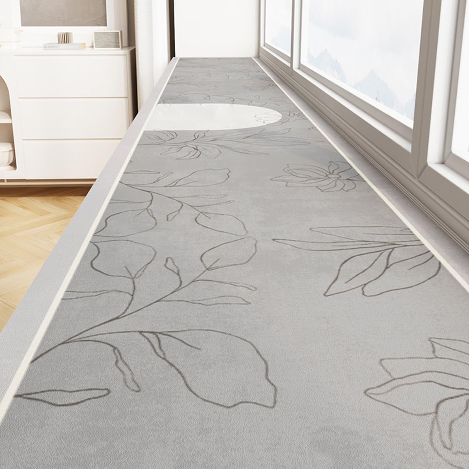 Waterproof Absorbent Window Sill Cushion, Floral Print, Diatomaceous Non-Slip DustProof, Customizable for Bay Windows & Balcony(Gray,120x30cm/47x12in)