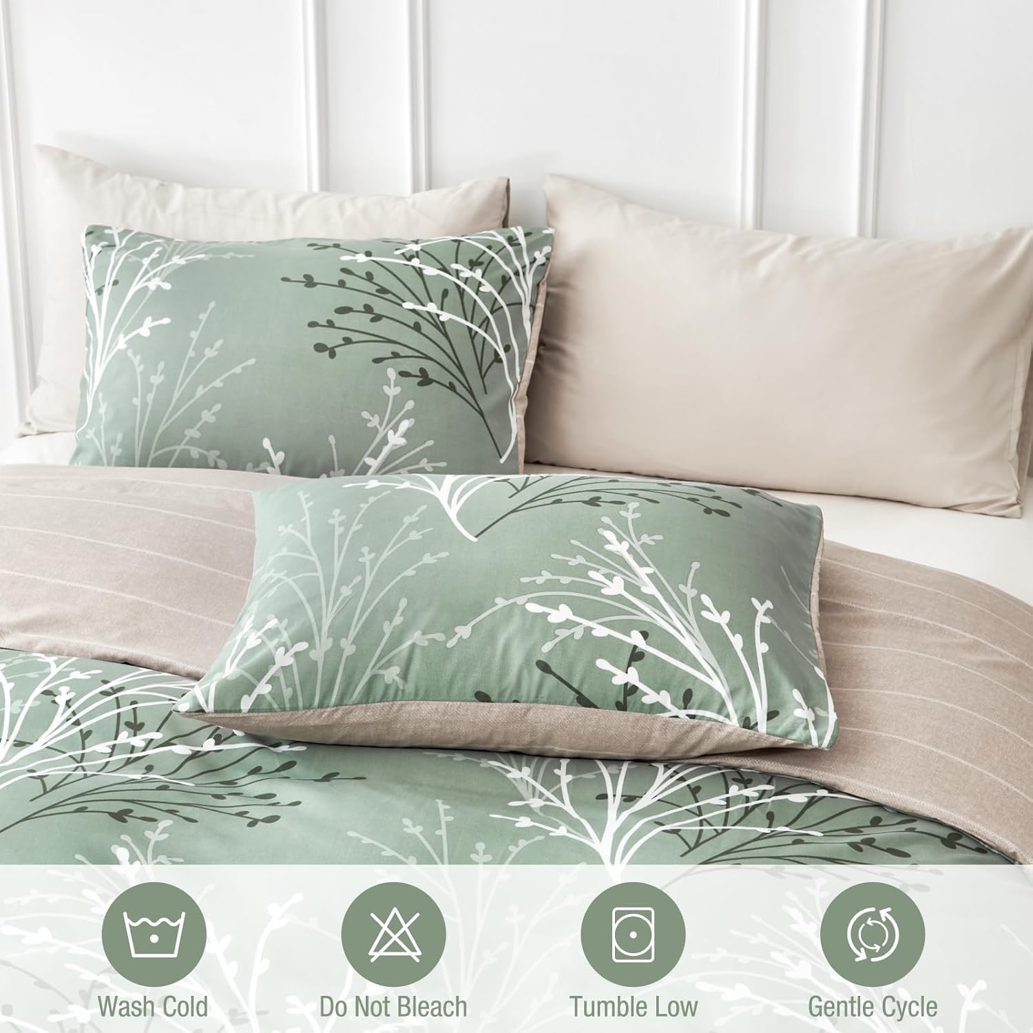 Lekesky Green Duvet Cover King Size, Reversible Floral King Comforter Cover with Branch Pattern, Soft 100% Washed Microfiber 3 Pieces Green Bedding Set with Zipper and 2 Pillowcases 20"x36" - Image 5