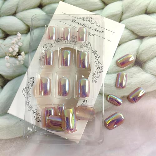 Miniatura 3 de 24 uñas postizas cortas a presión, cuadradas, espejo rosa, cobertura completa, proceso de chapado en uñas, diseño brillante, uñas adhesivas rosadas,