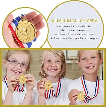 12 PCS Medals for Children, Metal Gold Medals Sports Day Medals Winners Medals for Kids Adults with Trophies Carving Pattern and Ribbon for Awards Sports Football Party Olympic Style