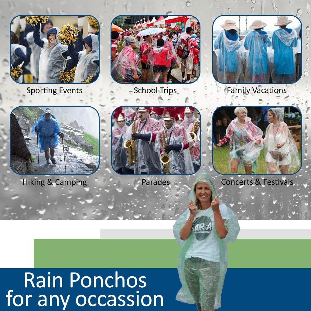 Sara Glove Emergency Disposable Rain Ponchos 8 Colors - (Sold in 5, 10, 30, or 200 Packs)