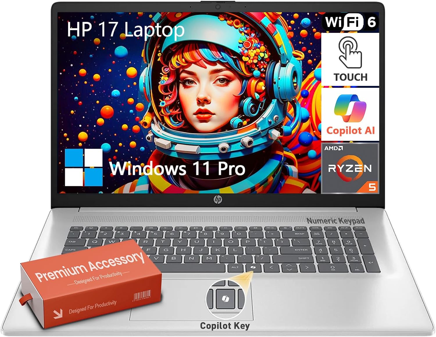 HP 17 Inch Laptop Touchscreen, 17.3 Touchscreen Laptop, AMD Ryzen 5(6-Cores), 32GB RAM 1TB SSD, Windows 11 Pro, 10-Key Number Pad, Copilot Key