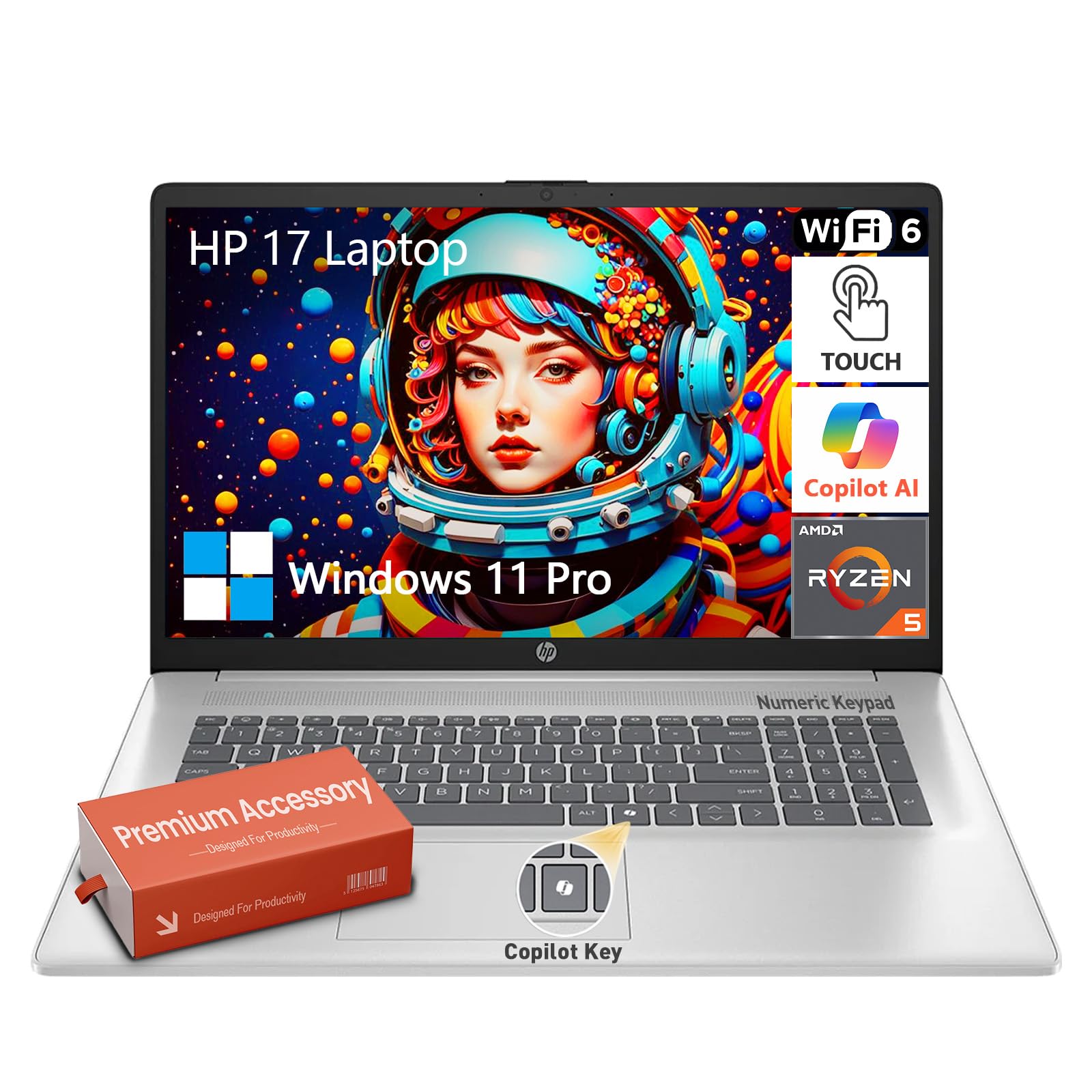 HP 17 Inch Laptop Touchscreen, 17.3 Touchscreen Laptop, AMD Ryzen 5(6-Cores), 32GB RAM 1TB SSD, Windows 11 Pro, 10-Key Number Pad, Copilot Key