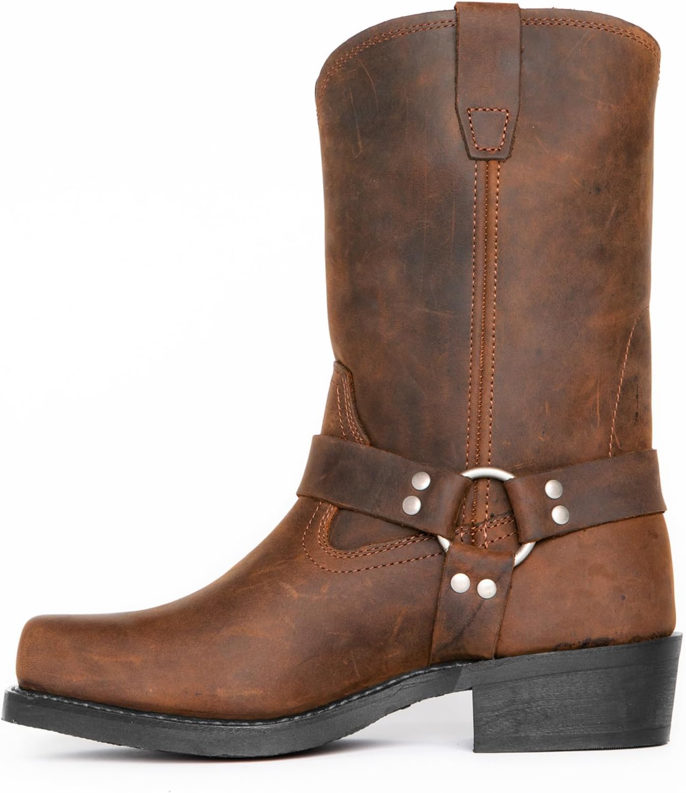 DJFOGMen's Square Toe Harness Motorcycle Boots, Men Pull on Ankle Boots Square Toe Side Zip Western Boots