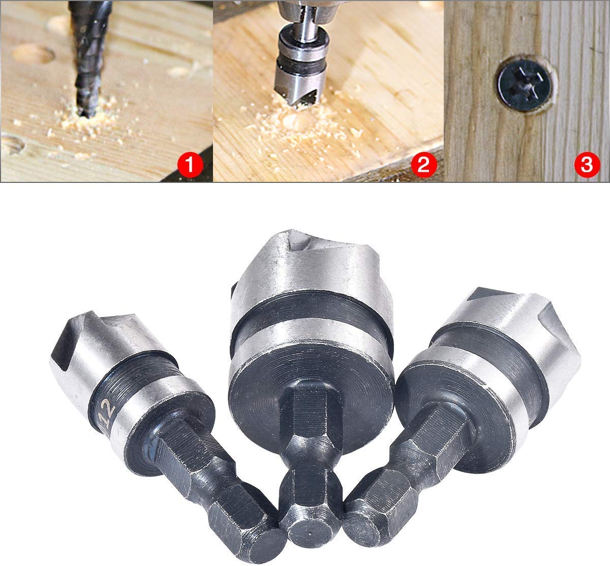 Sirius&Co3Pcs 1/4'' Hex 5 Flute 90 Degree 1/2'' 5/8'' 3/4'' Countersink Drill Bit for Wood Metal Quick Change Set (Black,Quenched carbon steel)