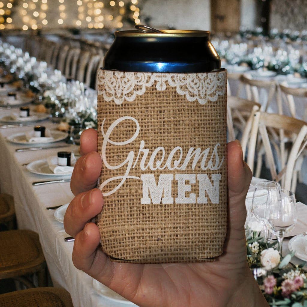 VictoryStore Burlap Rustic Wedding Party Can Coolers – Groomsmen Design – Set of 6 Foam Insulated Beverage Sleeves for 12-16 oz Cans & Bottles – Wedding Favors, Bachelorette Party Gifts