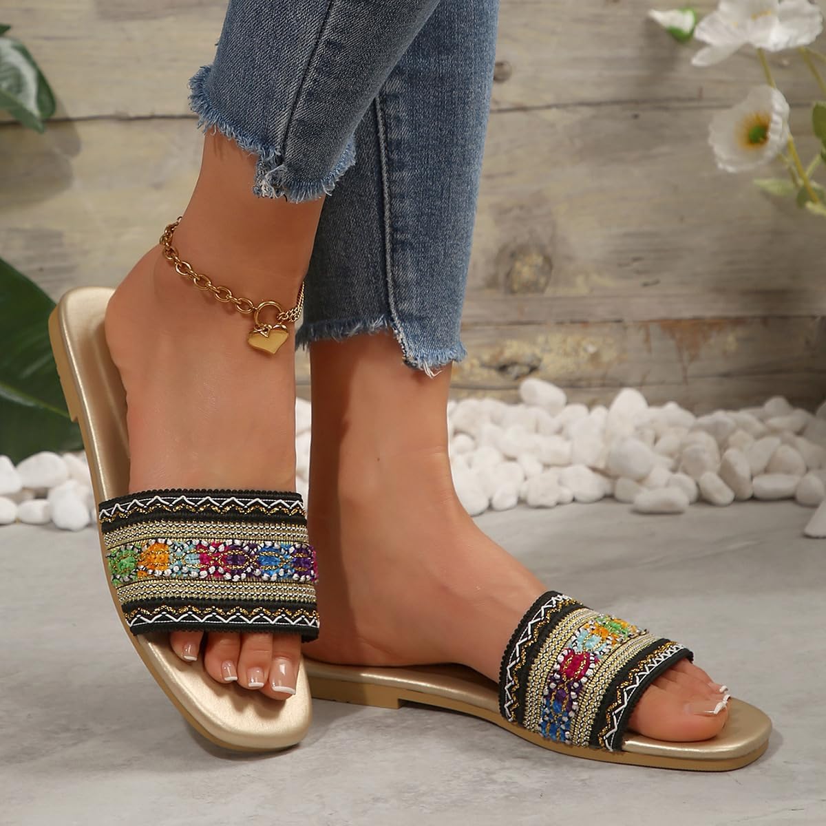 Women's Boho Beaded Slide Sandals - Flat Square Toe Slip-On Shoes with Ethnic Embellishments for Summer Casual & Beach Wear