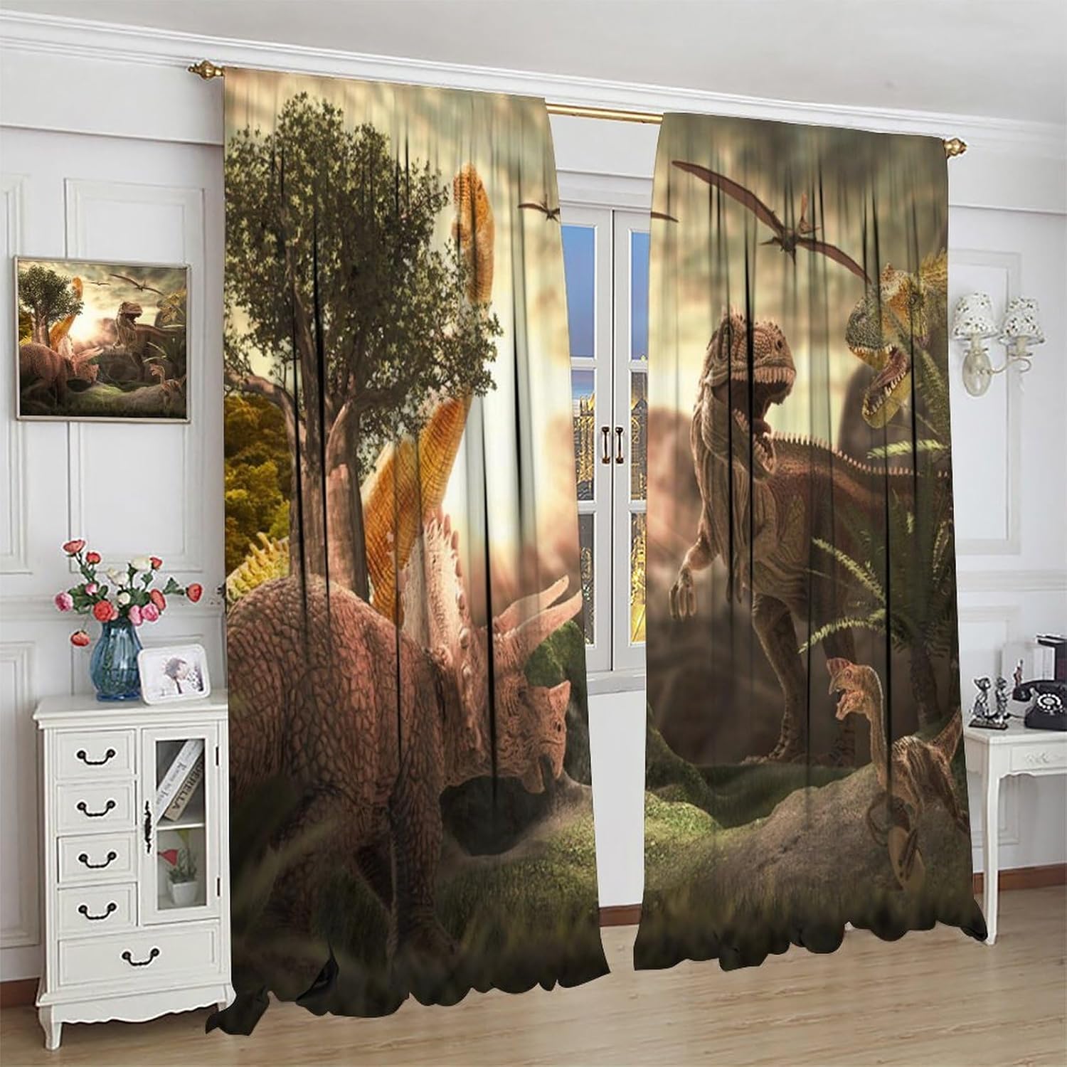 Brebasf Watercolor Tropical Dinosaur Theme Blackout Curtains Rustic Jurassic Forest Wildlife Pterodactyl Triceratops Dino Window Thermal Insulated Darkening Rod Pocket Curtains 2 Panels 72"L x 31.5"W