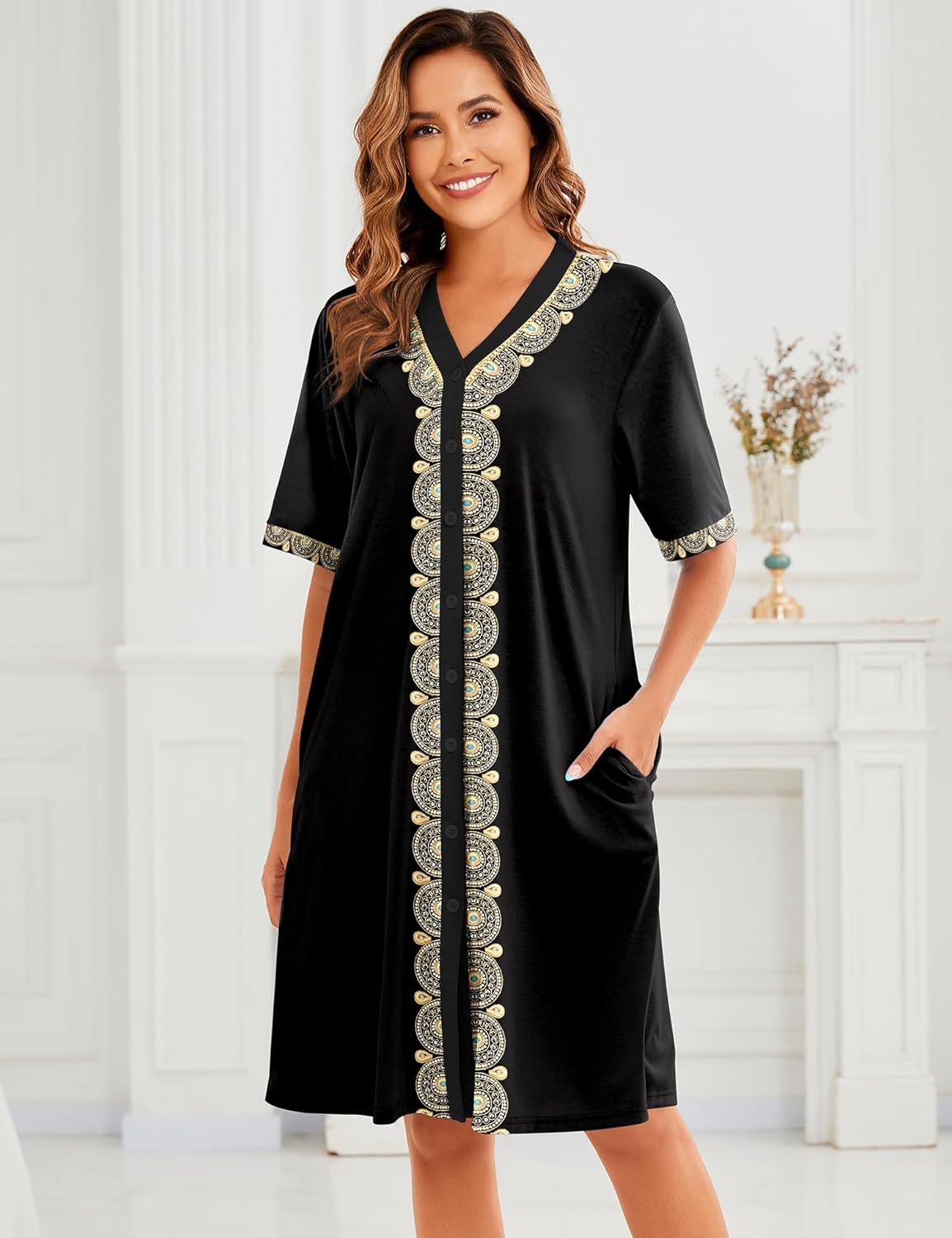 Bloggerlove Cotton Nightgowns for Women Floral Button Down Housecoat Long House Dress with Pocket - Image 6