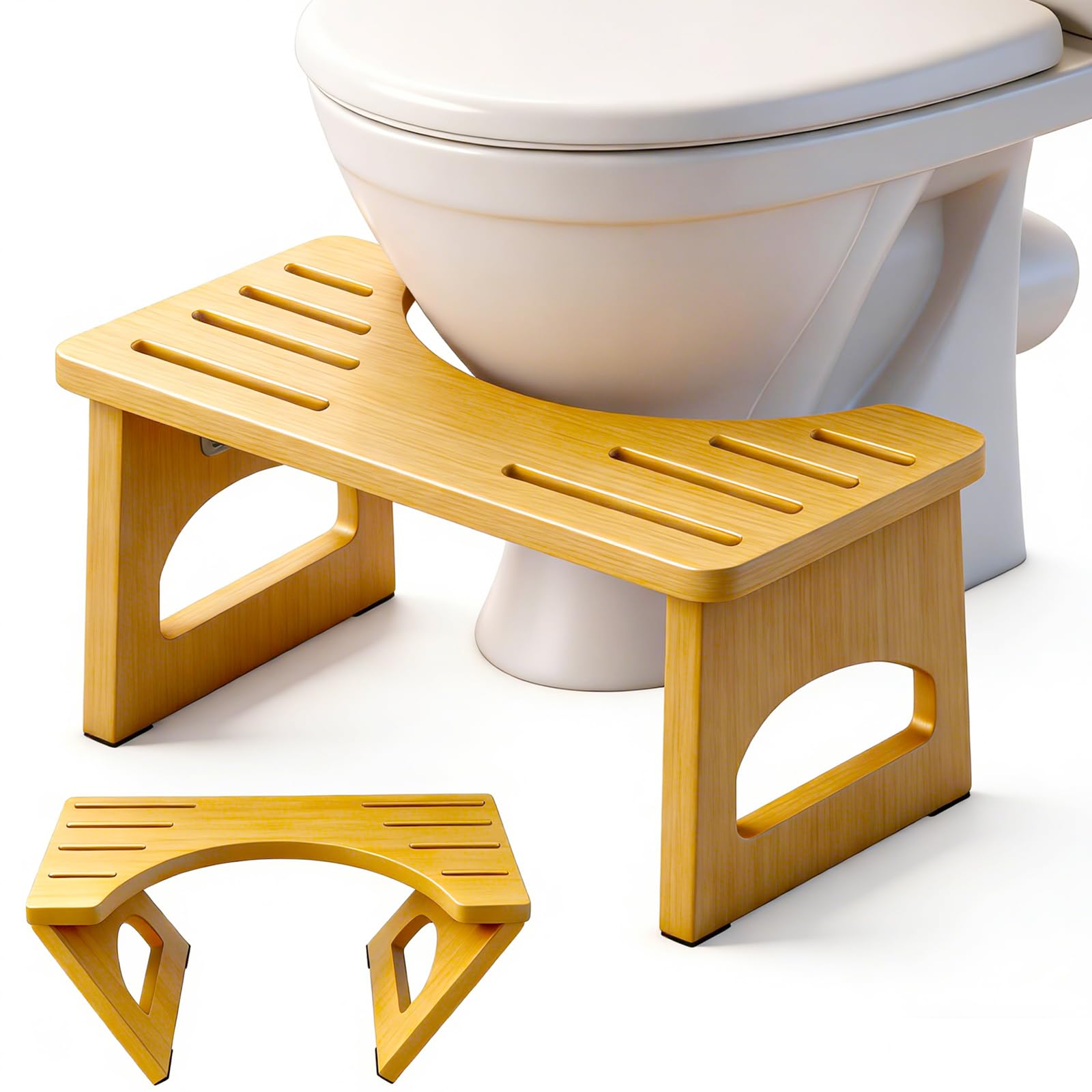 Foldable Toilet Stool, 7 Inch Poop Stool for Bathroom, Bamboo Toilet Stool Squat Adult, Collapsible Squatting Potty Stool with Non-Slip Strip - Improve Squatting Posture and Comfort, Wood
