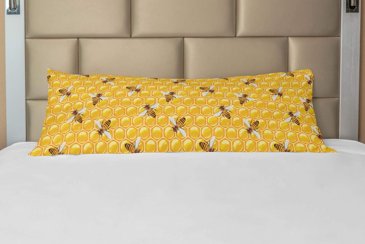 Ambesonne Bee Body Pillow Case Cover with Zipper, Honeybees Working on Honeycomb Hard Worker Insects Illustration Print, Decorative Accent Long Pillowcase, 21" x 54", Orange Apricot and Brown