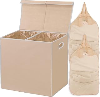 Simple Houseware Double Laundry Hamper with Lid and Removable Laundry Bags, Beige