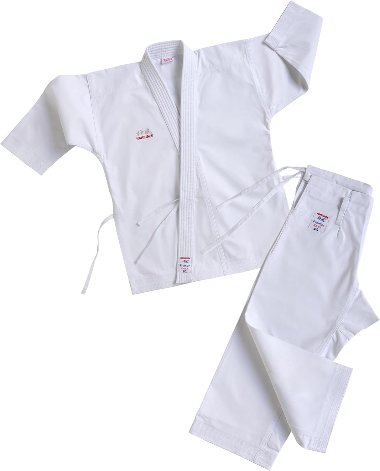 Kamikaze Premier-Kata Karate Uniform, Competition Grade, White Cotton, Medium Weight