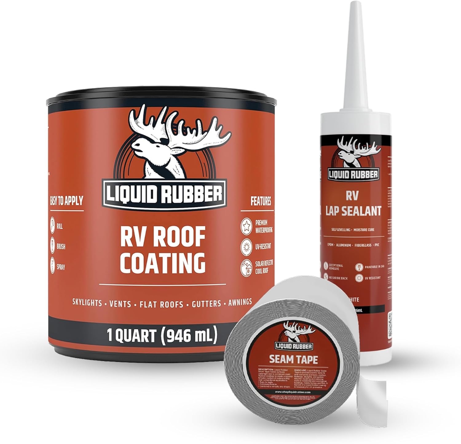 Liquid Rubber RV Roof Coating - Solar Reflective Sealant Bundle - 1qt Sealer, 4inx50ft Seam Tape, 1 Tube of Caulk
