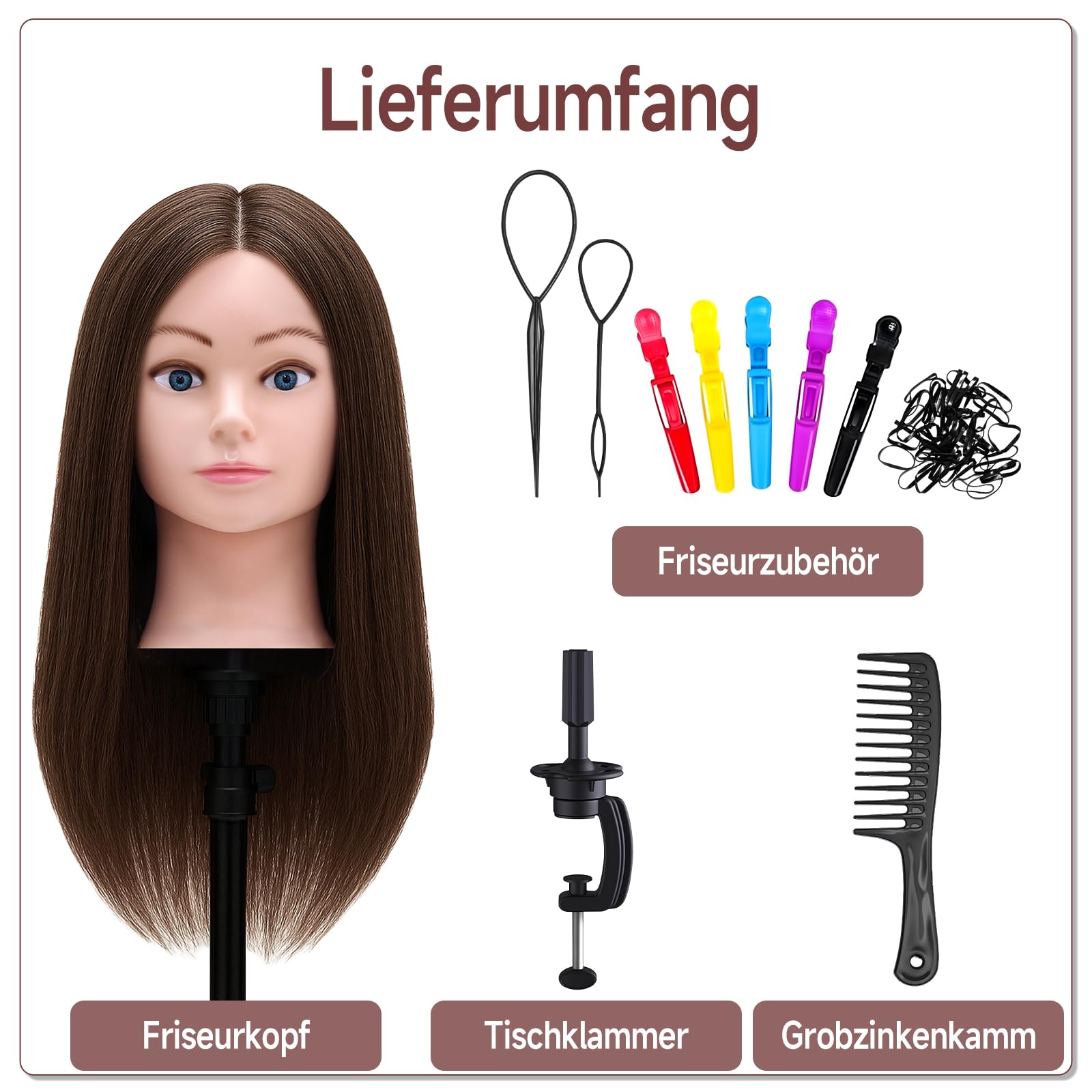 TwoWin Friseurkopf 20 Zoll 50.8 cm 100% Echthaar Mannequin Kopf Übungskopf Haar Friseur Trainingsköpfe Styling Friseurpraxis Braun