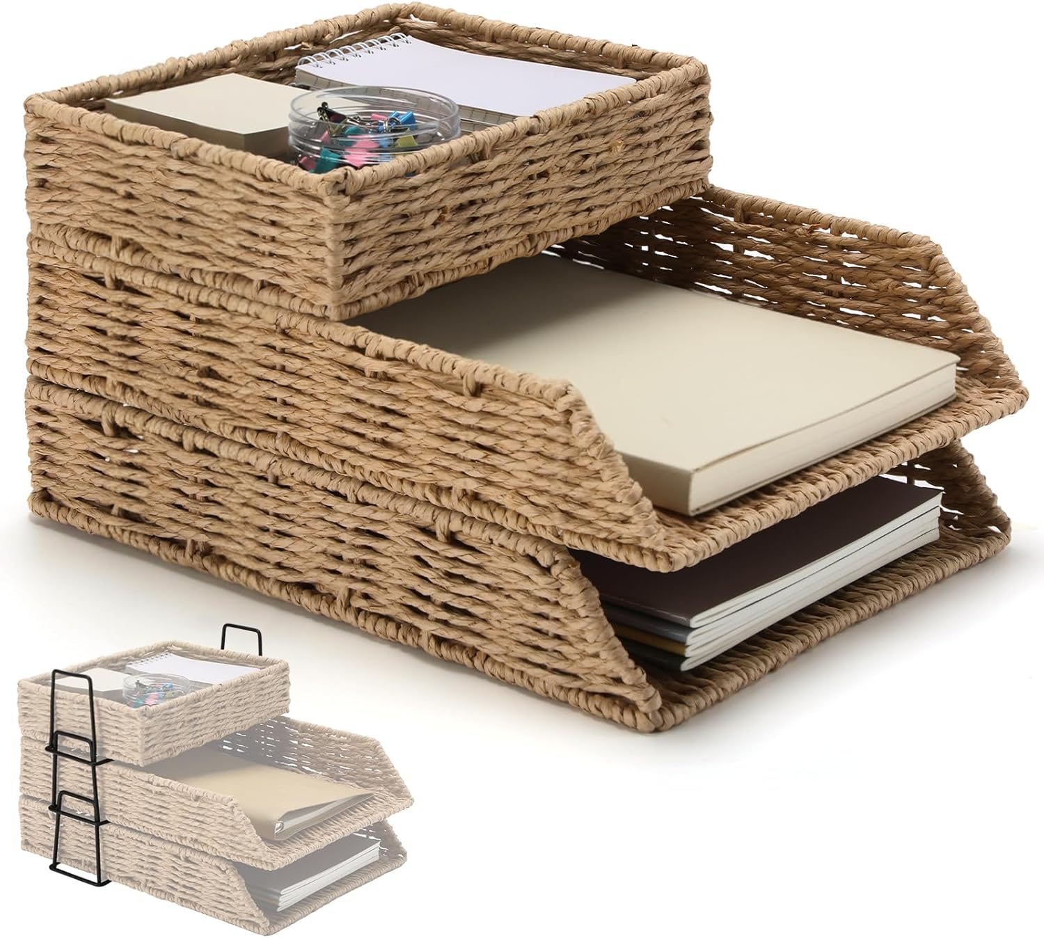 Geelin 3 Pack Paper Rope Woven Stackable Desk Organizer Letter Tray, Primary Color Tabletop Desk Basket for Storage Paper Letter Folders Notebooks Copy Print, Workspace Holder