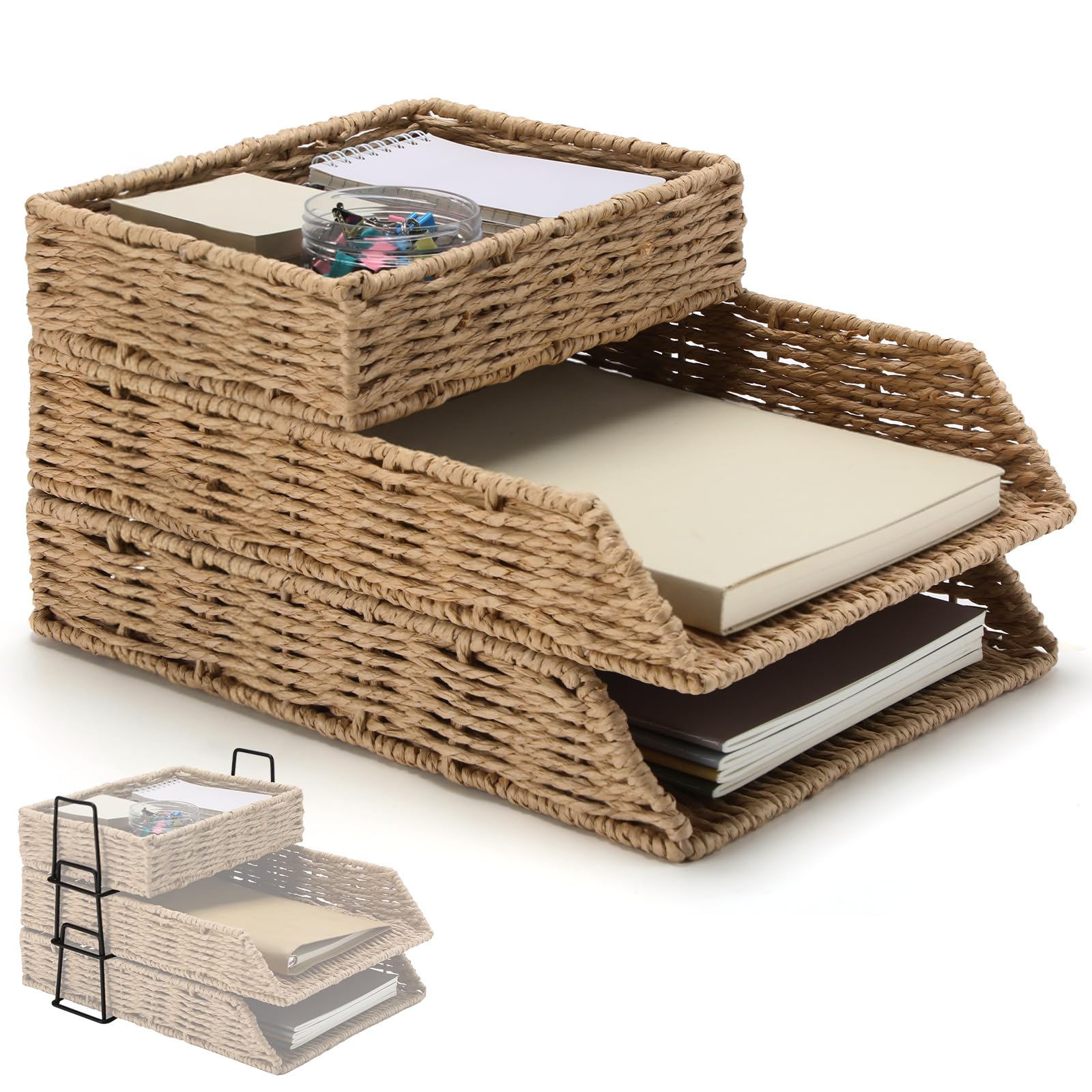 Geelin Paquete de 3 bandejas organizadoras de escritorio apilables para cartas, cesta de escritorio tejida para almacenamiento, carpetas de cartas, cuadernos, copias, impresión, soporte para espacio