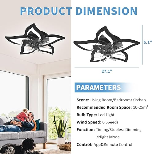 Miniatura 6 de GooComfy Ventilador de techo regulable con luz y control remoto, ventilador de techo pequeño de 27 pulgadas con luces LED, aplicación y control