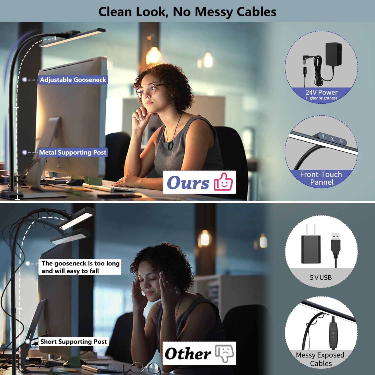 KableRika Lampada LED Regolabile – Luce diurna senza sfarfallio, protezione occhi, 4 temp + 4 livelli luminosità, collo flessibile – Per smart working, lettura, schermo – Nero