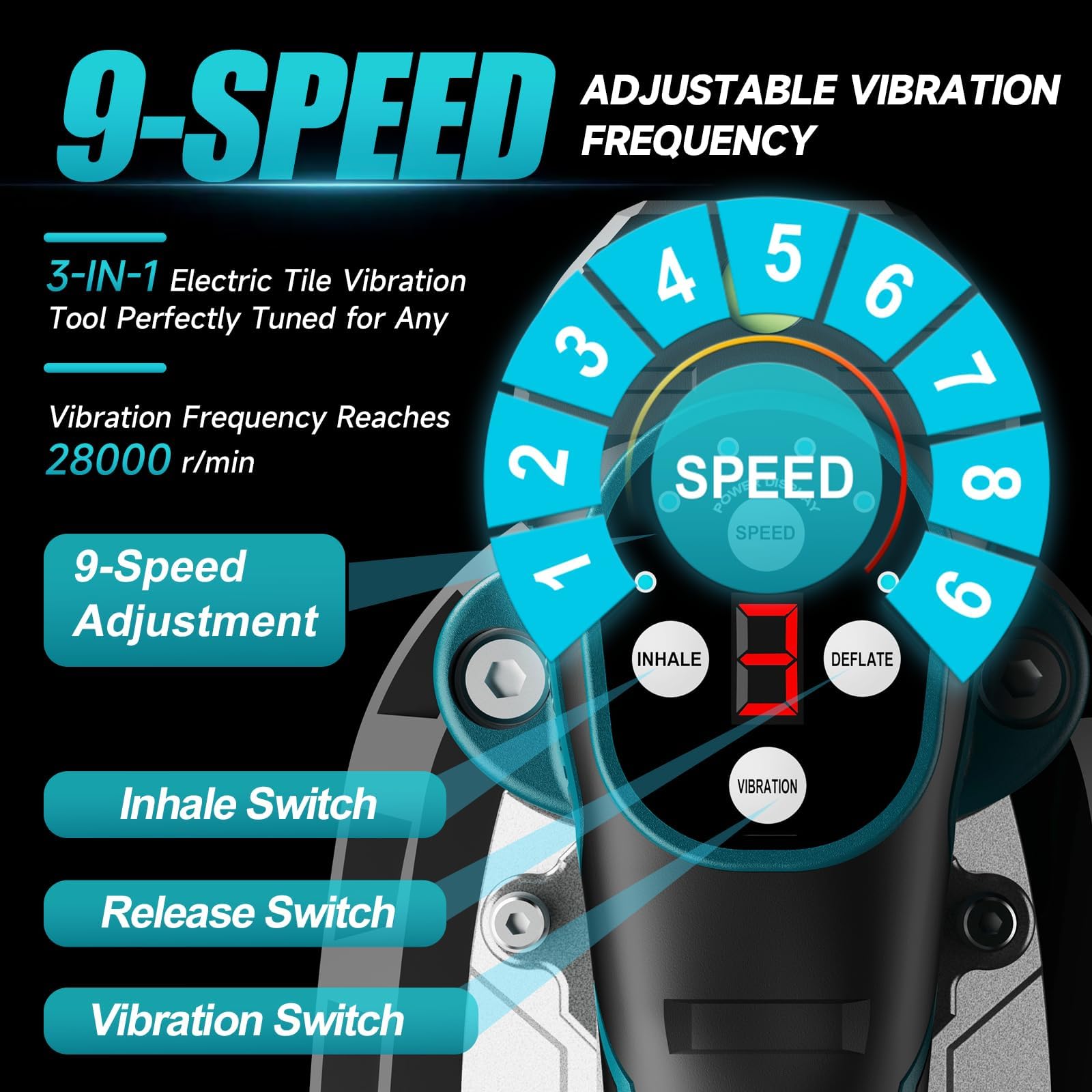 2 in 1, vibratore per piastrelle e ventose Compatibile con batteria Makita, con batteria da 2 x 1,5 Ah, vibratore per piastrelle, 24000 giri/min, 9 marce, potenza di aspirazione 400 kg per piastrelle