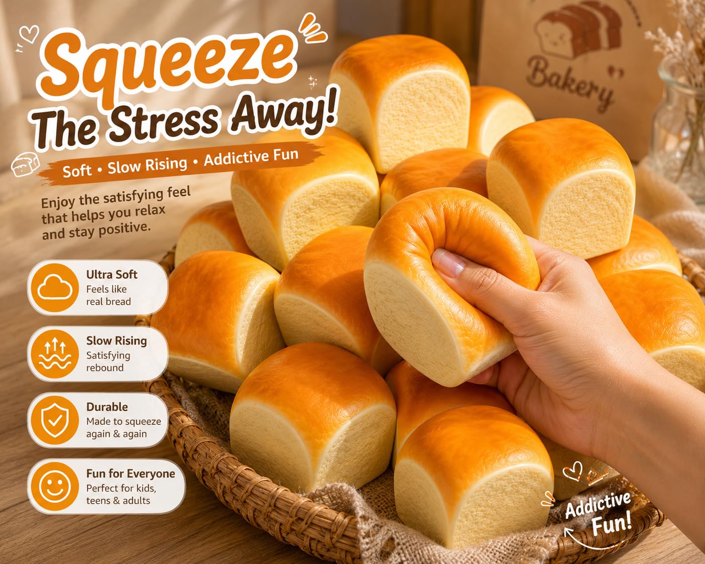 Photo 1 of 2 Pack Bread Squishy Stress Toy, Hawaiian Roll Style Slow Rising Soft Foam Fidget Squeeze Toy for Teens & Adults, Sensory Desk Stress Relief Novelty Gift