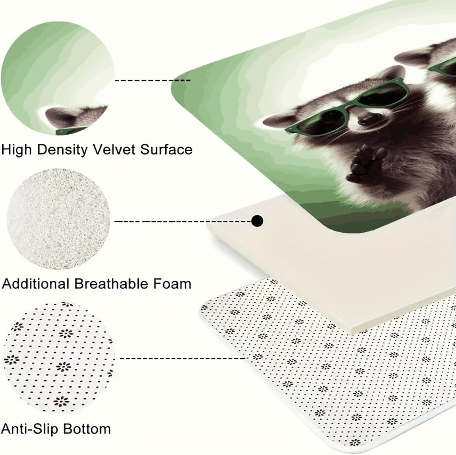 Funny Raccoon Green Sunglasses Kitchen Mats with 2PCS Non-Slip Washable,Kitchen Rug Heavy Duty Durable, Floor Mats for Kitchen,Office,Sink,Laundry