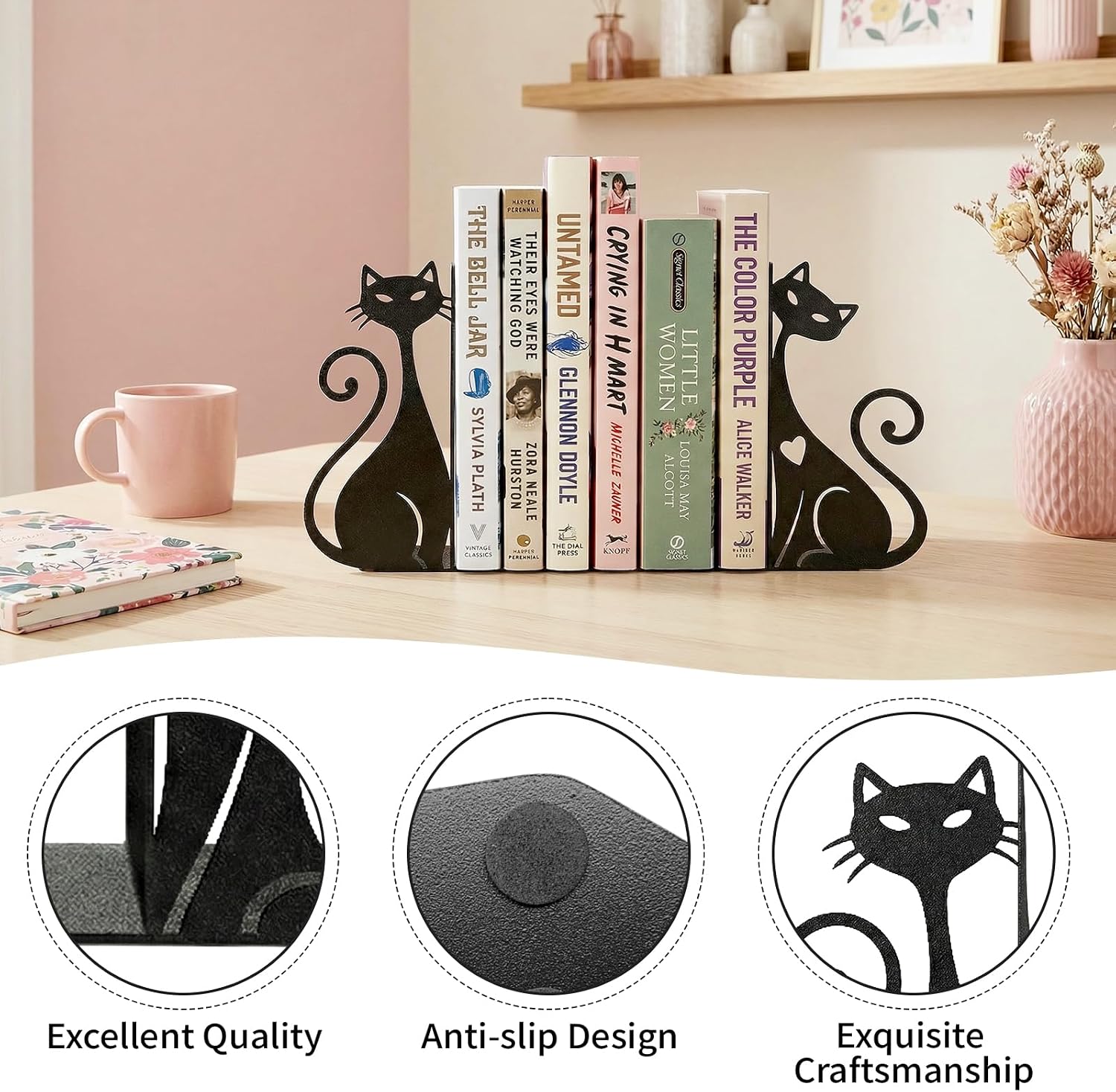 Atomic Cat Metal Bookends Set of 2 Cute Book Ends for Shelves Bookshelf Decorative Objects Home Office Desk Bookshelf Decor Gift for Cat Lovers and Reading Enthusiasts (Black)