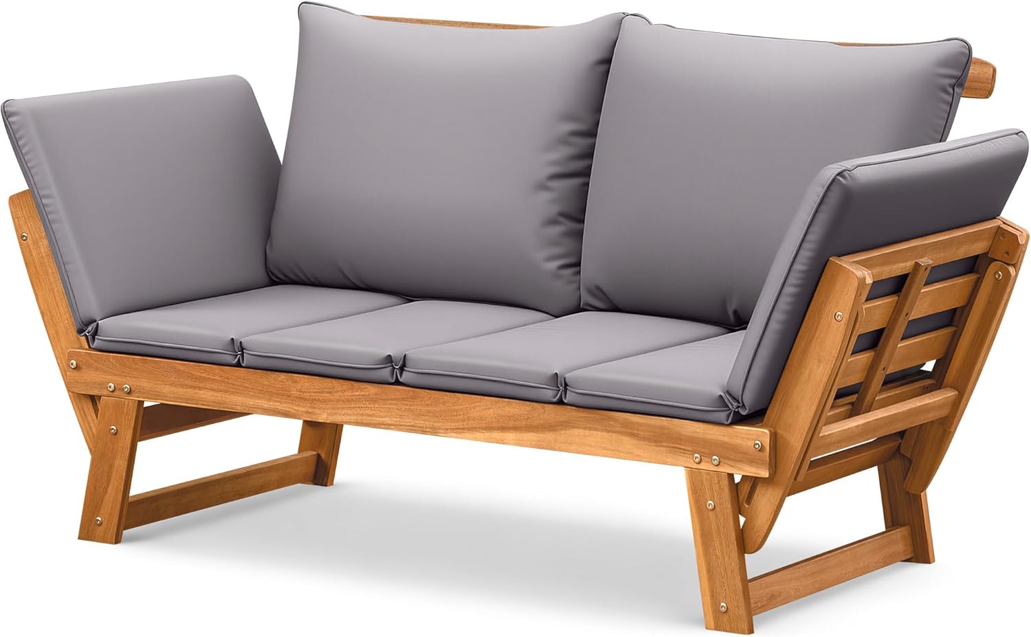 Flamaker Outdoor Couch with Adjustable Armrests, Acacia Wood Patio Loveseat with Soft Cushions, Convertible Patio Furniture for Balcony, Porch, Backyard (White)