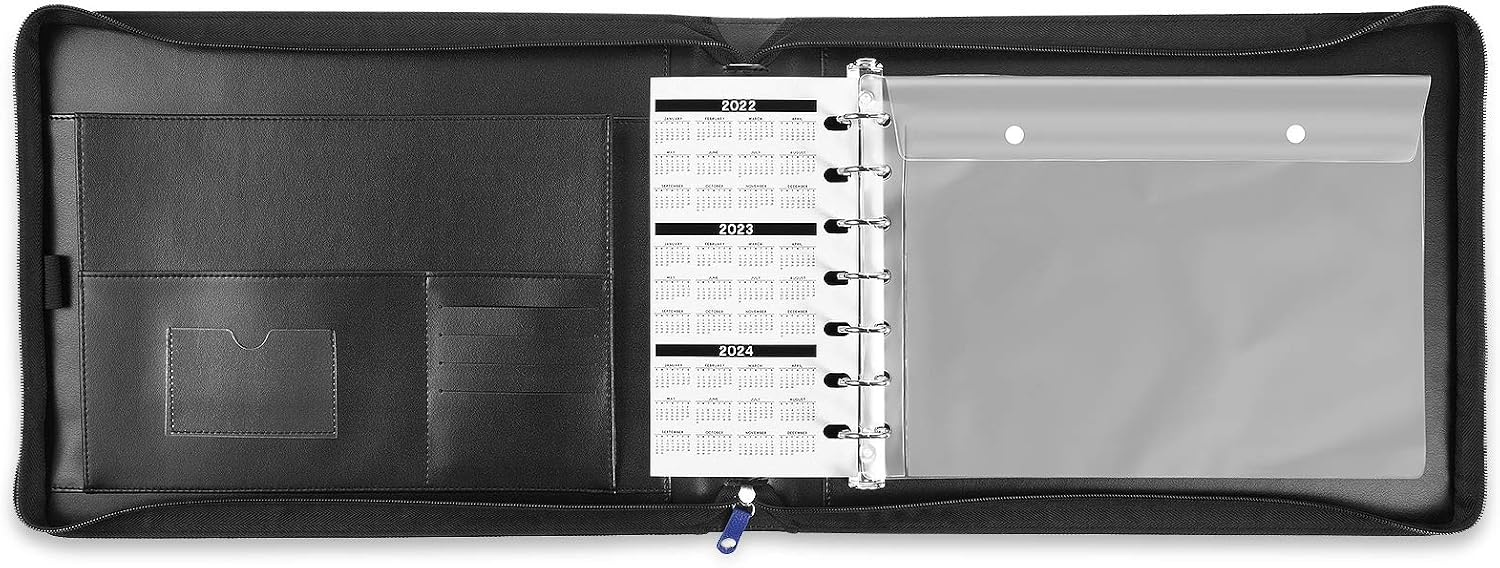 MUDOR 7 Ring Business Check Binder with Zipper, Premium PU Cover Check Registers for Personal Checkbook, 600 Checks Capacity for 9" x 13" Sheets (Black)