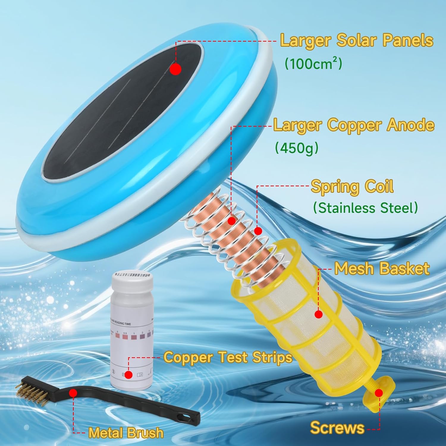 Solar Pool Ionizer - 450g Heavy-Duty Cartridge & 100cm² Solar Panels, 35,000 Gal Floating Mineral System, Reduces Chlorine Use in Saltwater and Freshwater Pools (Blue)