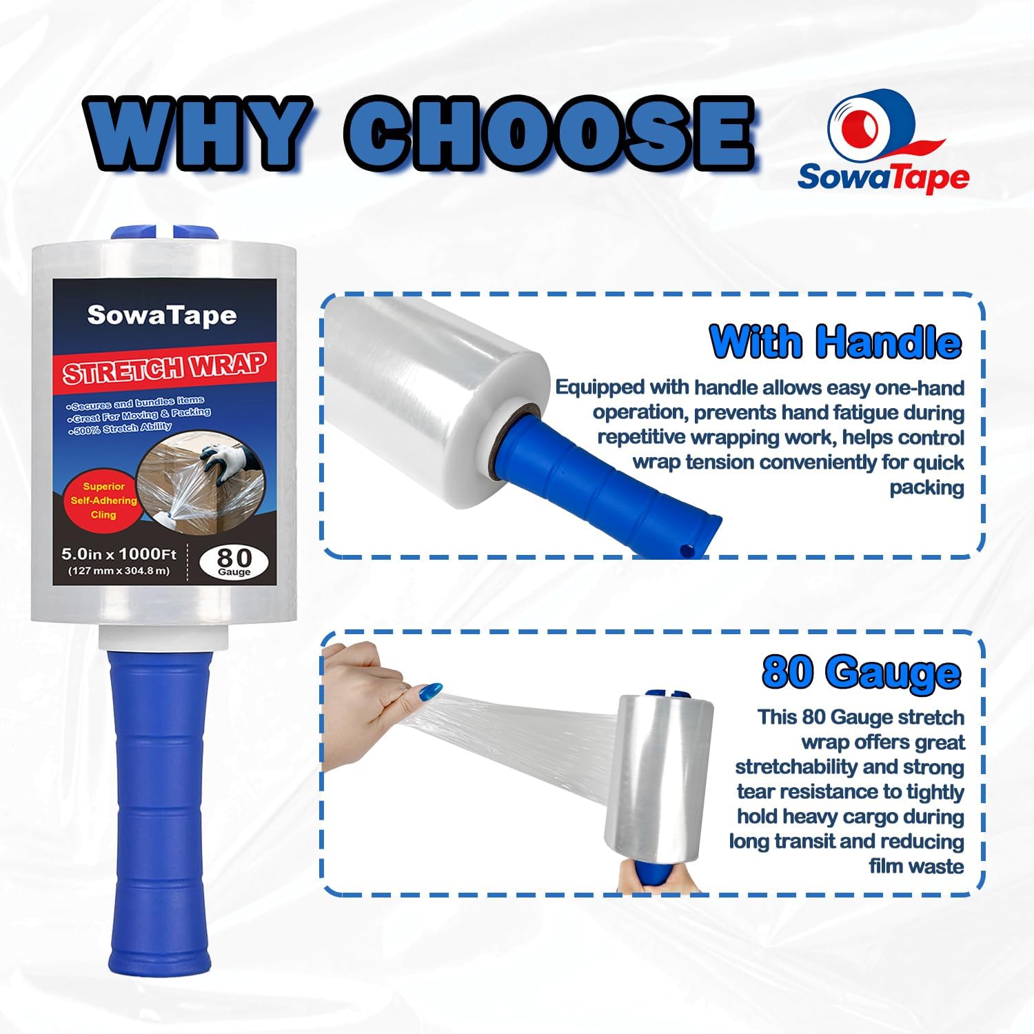 2 Pack Clear Stretch Wrap Film with 2 Plastic Handle 5''x1000Ft