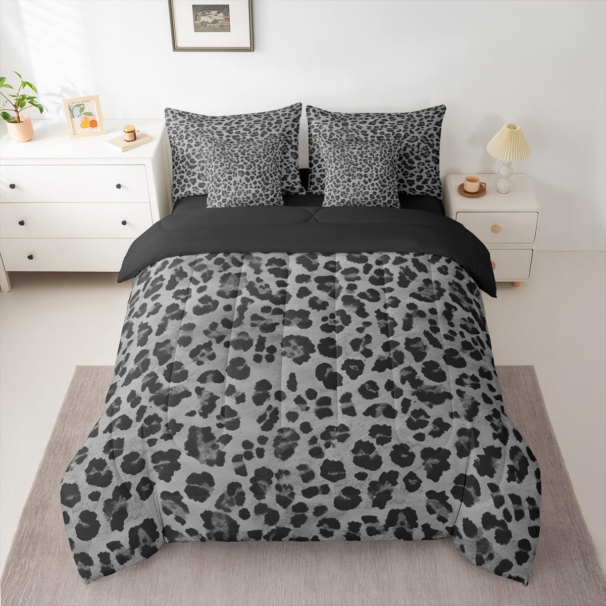 Feelyou Gray Leopard Comforter Set Queen Size 7 Pieces Cheetah Bedding Set Animal Print Bed in a Bag with Comforter, Sheets, Pillowcases, Cushion Covers Leopard Fur Print Bedroom Decor Safari