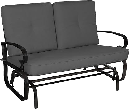 Crownland Outdoor Patio Glider Chair, Rocking Glider Bench for 2 Person, Porch Loveseat Seating with Cushion, Wrought Iron Patio Gliders for Outside, Porch, GardenGrey