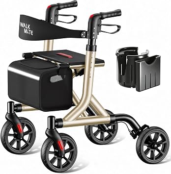 WALK MATE Rollator Walker for Seniors with Seat, Lightweight Foldable | Upgraded Thumb Press Button for Height Adjustment, 8 Inch Wheels,18" Wide Seat, 14.7lb Aluminum Frame, 300lb Capacity, Gold