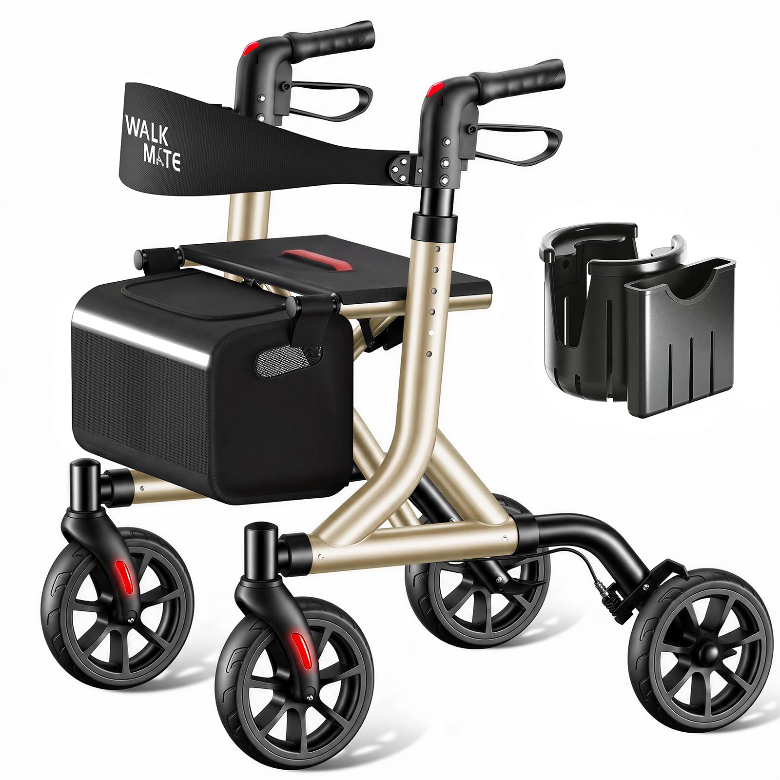 Walk Mate Deambulatore Rollator Pieghevole e Leggero con Seduta - Compatto per Spazi Ristretti, Regolazione Ergonomica dell'Altezza 150-190 cm, Ruote All-Terrain, Solo 6,7 kg