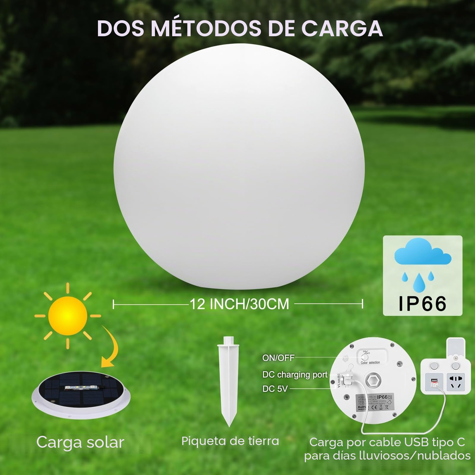 2 PCS Luz Solar Exterior Jardin RGB, Luce Solare Led Exterior Jardin Bola 30CM, Lampara Solar Impermeables Ip66, Iluminación Solar Regulable con Control Remoto Deco para Piscina, Balcón Patio
