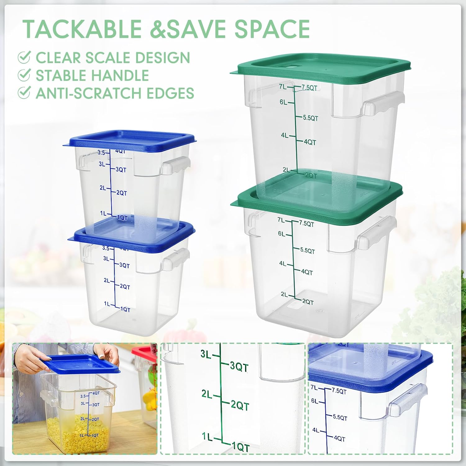 Lallisa 4 Pcs 8qt & 4qt Clear Food Storage Containers with Lids Handles and Scales, Stackable Plastic Square Food Storage Containers for Dough Proofing Baking Kitchen Restaurant(Blue, Green)