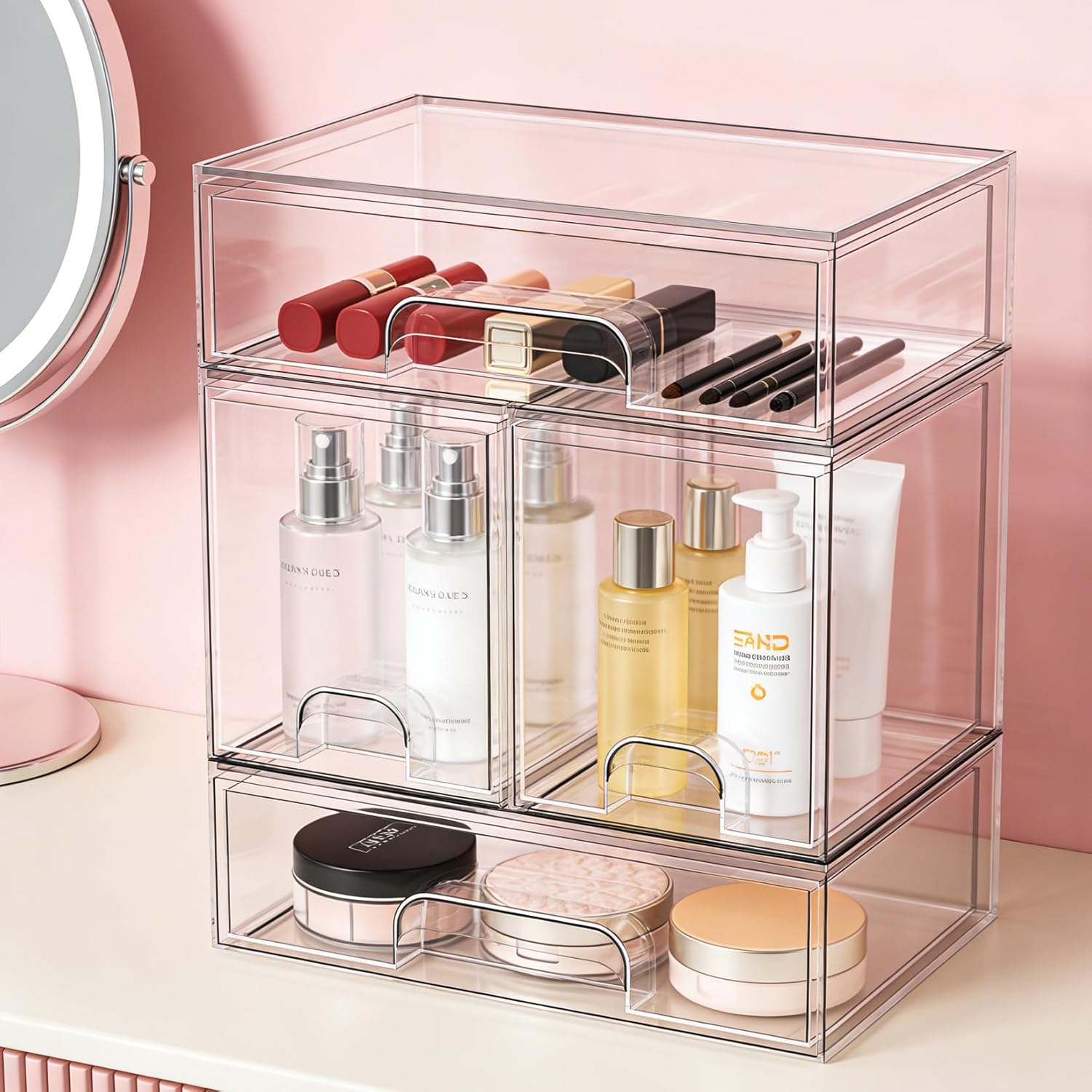 TOOGE Stackable Baby Bottle Organizer: Acrylic Bottle Organizer Baby Storage Drawers Clear Bottle Station Organization for Countertop Cabinet Vanity with 4 in 1 Cup Lid Cleaning Brush & Label - Wide