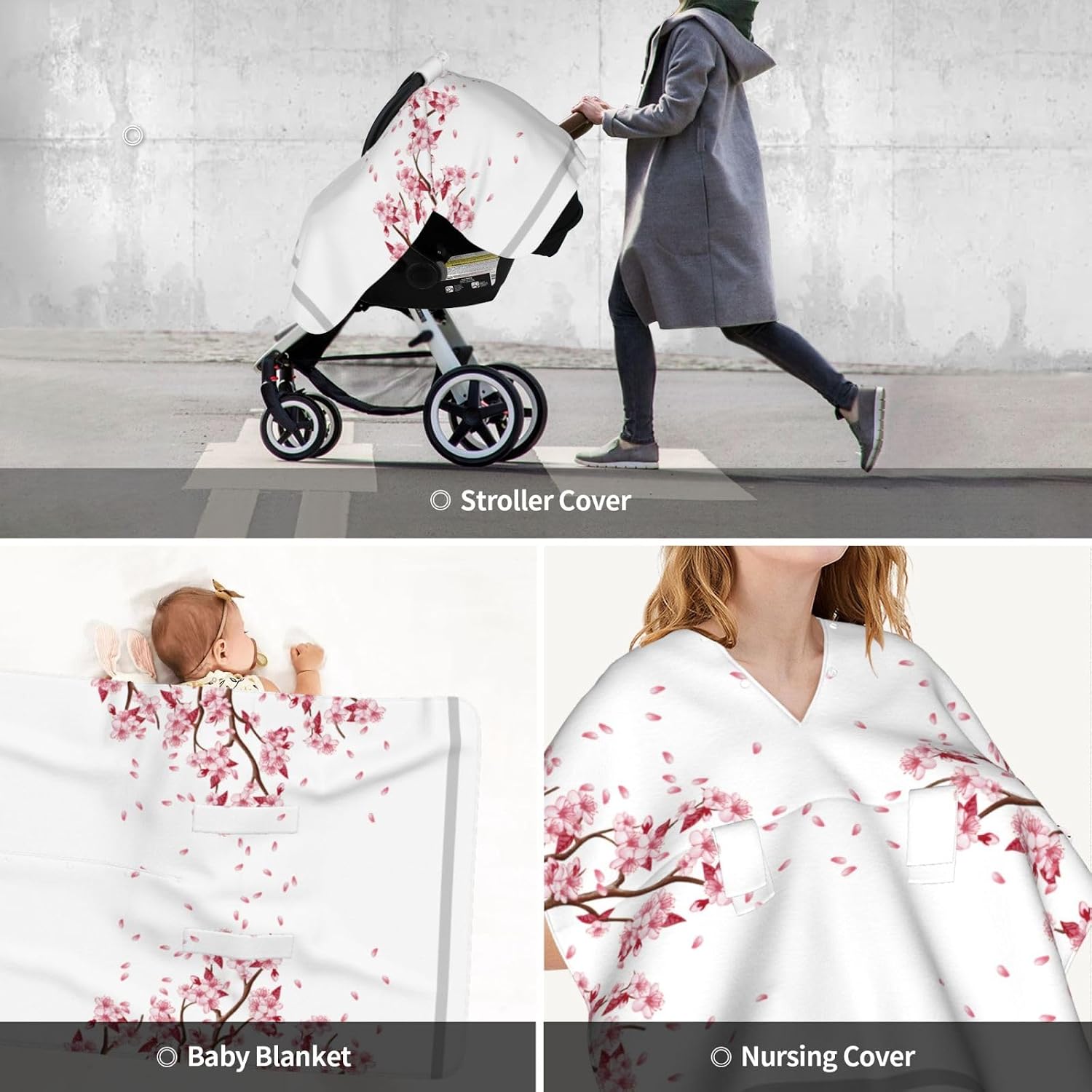 Pink Cherry Blossoms Baby Car Seat Cover & Nursing Cover - Breathable Stretch Multi-Use Cover for Breastfeeding, Stroller Sunshade & Infant Carrier