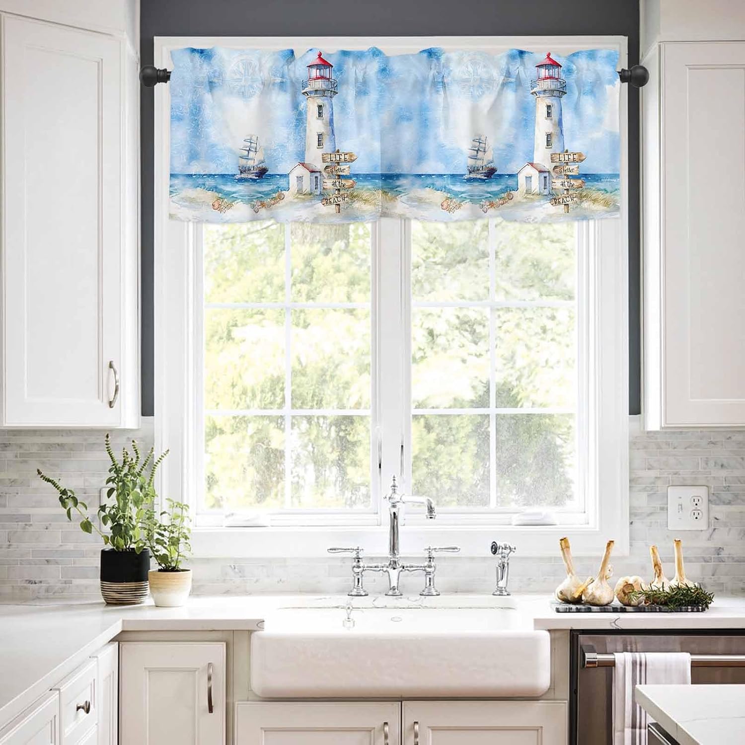 Kitchen Curtains and Valances Set, Nautical Beach Rod Pocket Curtains Tier Farmhouse Window Treatments 24 Inch Length, Ocean Ships Lighthouse Seashells Art 3 Piece Kitchen Curtain Set
