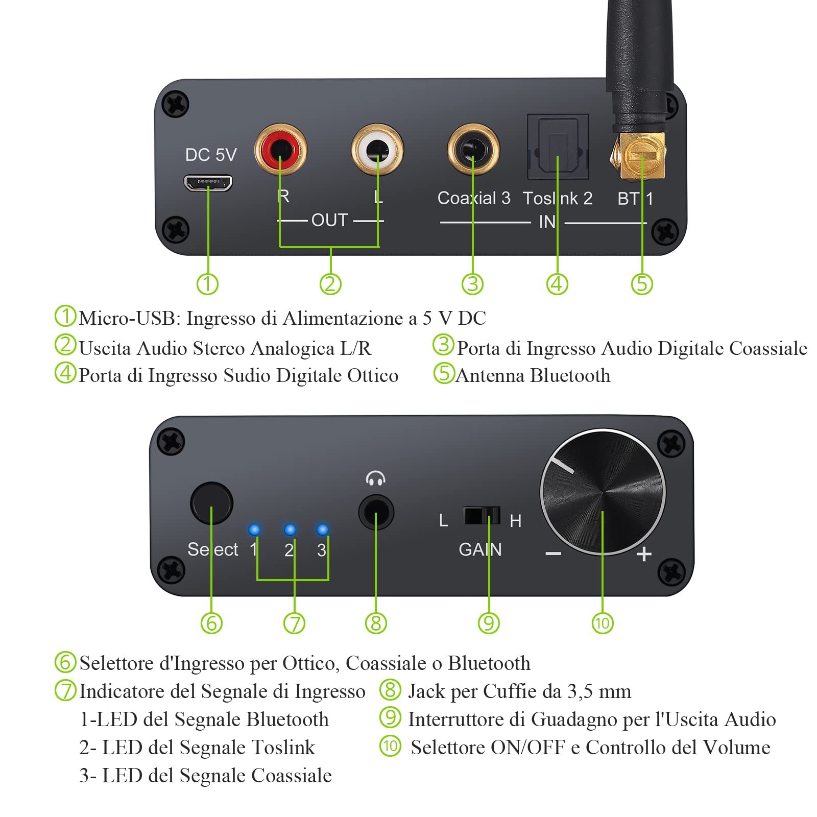 LiNKFOR 192KHz DAC Bluetooth con Amplificatore per Cuffie con Alimentatore DAC Convertitore Audio Digitale ad Analogico con Ricevitore Bluetooth V5.0 D/A Adattatore con Cavo Ottico e Cavo Coassiale