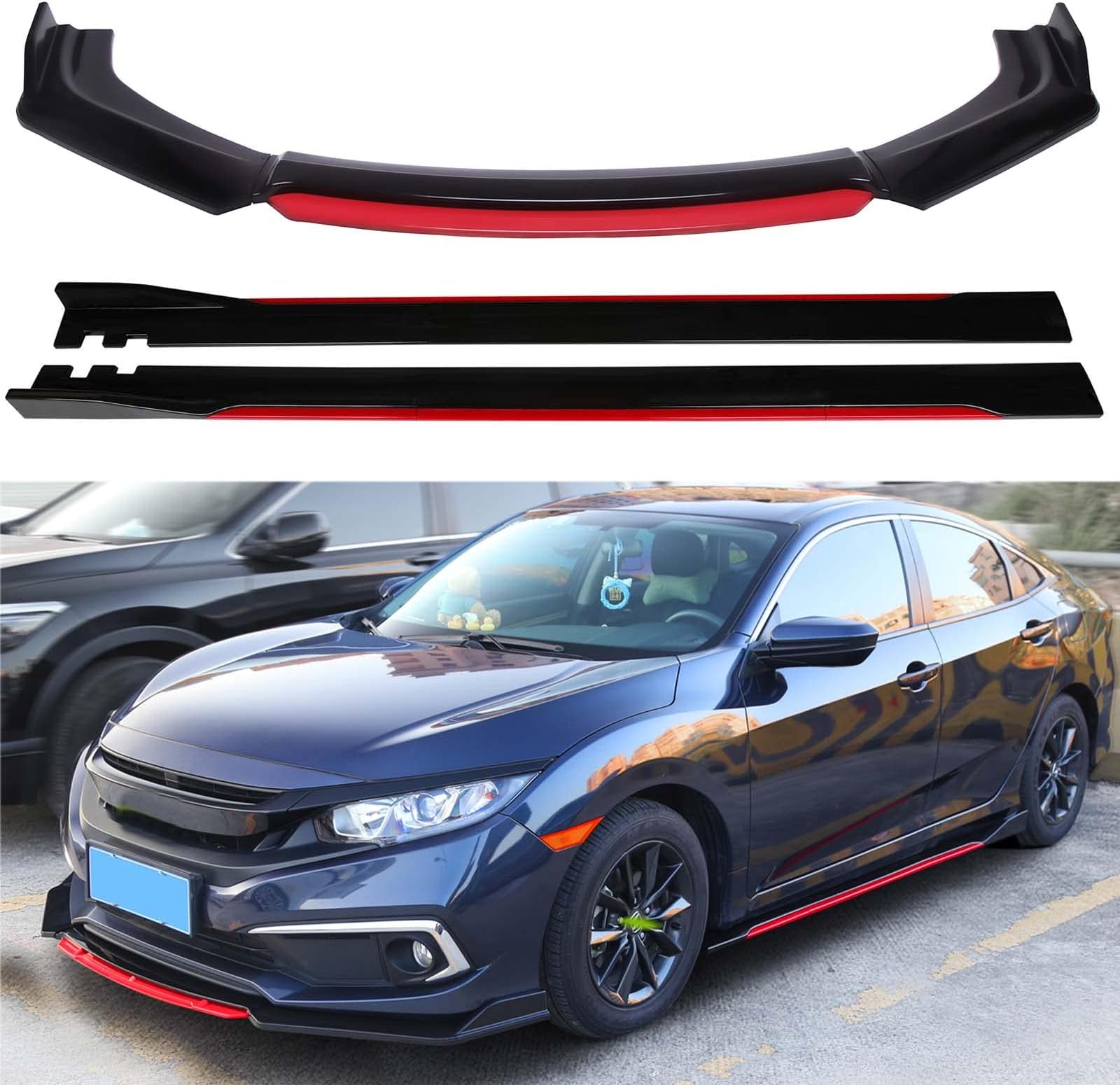 Universal Front Bumper Lip Chin Spoiler Splitter Diffuser Guard Wing Protector Trim Car Body Kit with 2M/78.7inch Side Skirt Extension Compatible with Honda Accord Civic Subaru WRX Mazda Most Vehicles