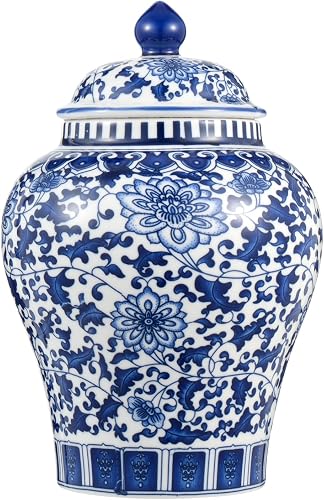 Blue and White Ginger Jar with Lid, 7.87 Inch Ceramic Chinoiserie Ginger Jar, Decorative Porcelain Ginger Vase with Exquisite Floral Patterns for Home, Living Room & Office