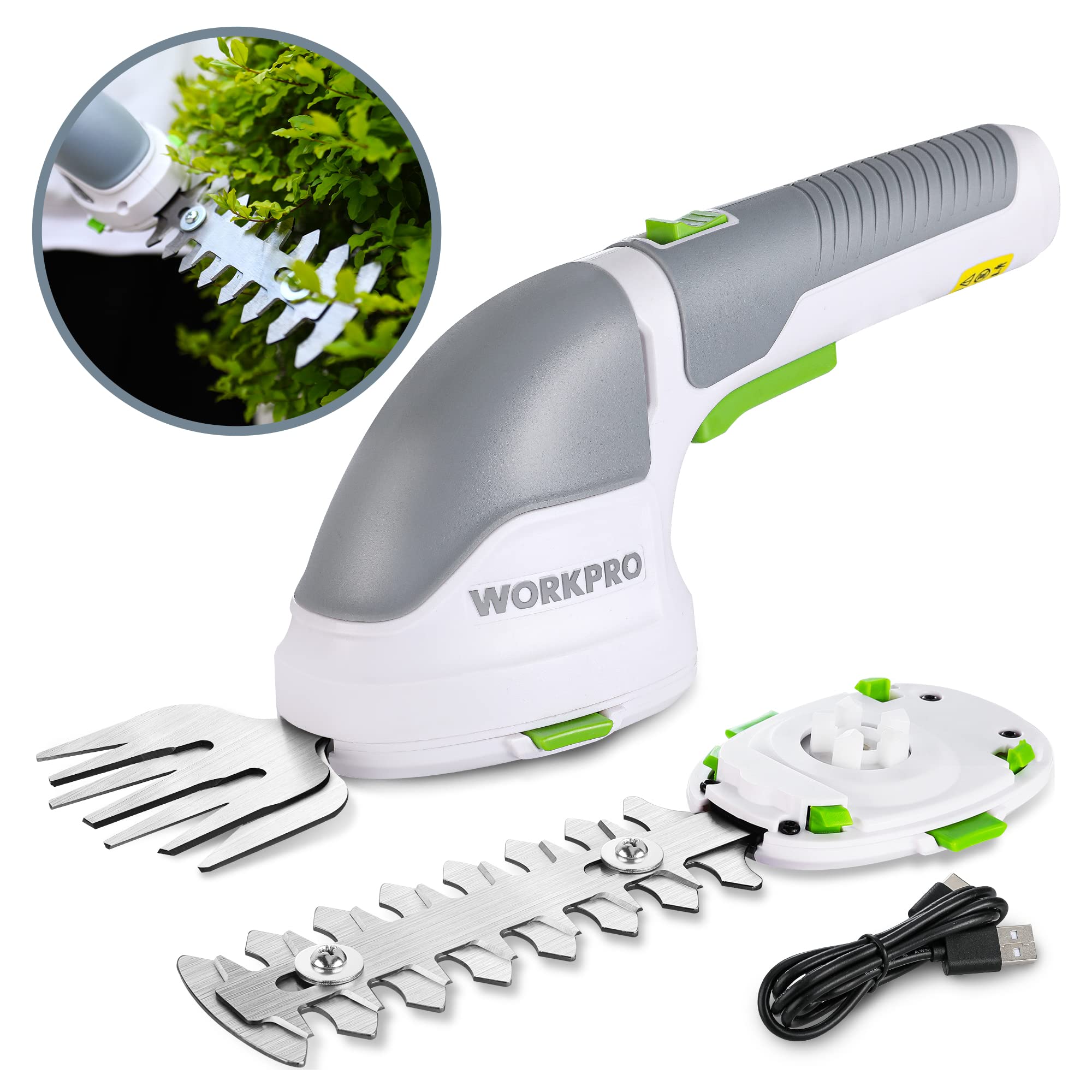 WORKPRO Cordless Grass Shear & Shrubbery Trimmer - 2 in 1 Handheld Hedge Trimmer Electric Grass Trimmer Hedge Shears/Grass Cutter Rechargeable Lithium-Ion Battery and Type-C Cable Included (White)