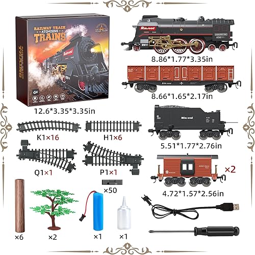 Miniatura 5 de AIQI Juego de tren eléctrico para niños y niñas con humo, luces, sonido, pistas, tren de juguete eléctrico con motor de locomotora de vapor, autos