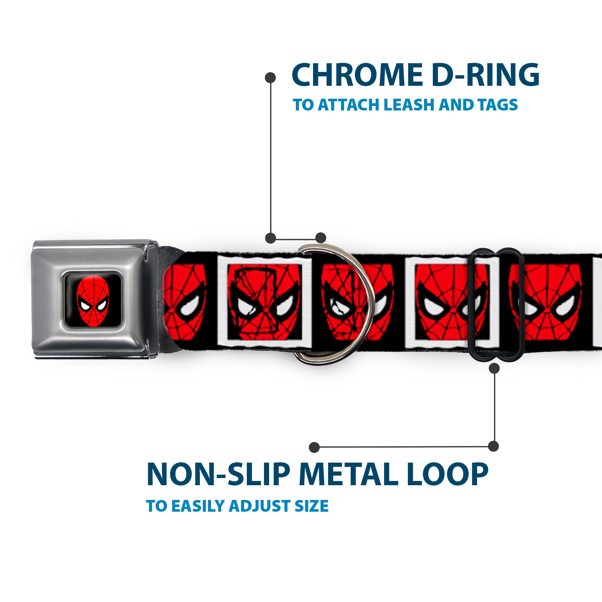 Buckle-Down Obroża dla psa z klamrą pasa bezpieczeństwa - twarz Spider-Mana czarne/białe bloki - szerokość 3,8 cm - pasuje na szyję 33-45 cm - mała